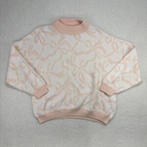 Vintage 80s Pastel Pink Bows Sweater Classic Essentials USA Granny Mock Neck